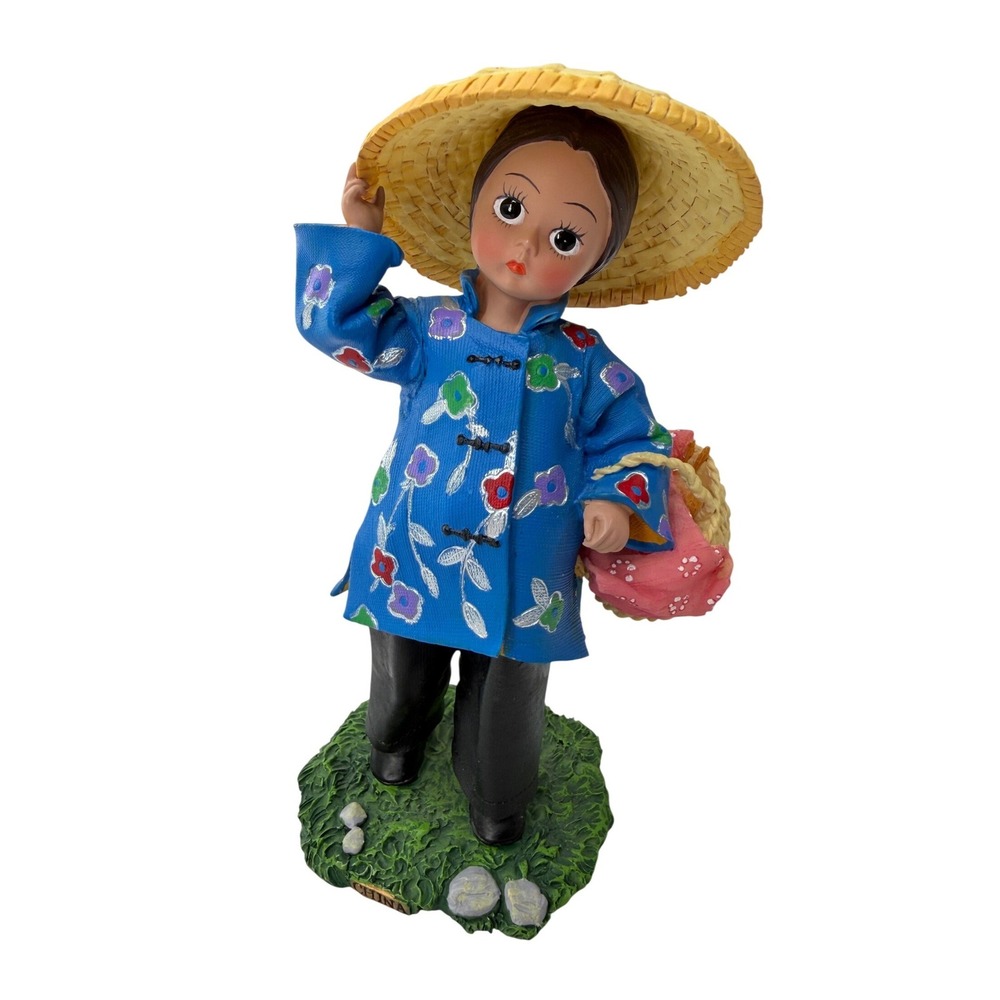 Madame Alexander China Circa 2000 Figurine Girl Straw Hat Blue Floral Coat 5.5"